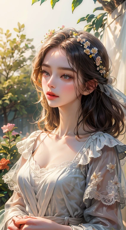 （absurderes，k hd，ultra - detailed），Mature woman，The upper part of the body，Flowers in hand，Hazy flower background，（Hazy：1.3，softlighting：1.4，cinematric light：1.4）