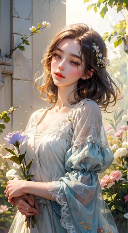 （absurderes，k hd，ultra - detailed），Mature woman，The upper part of the body，Flowers in hand，Hazy flower background，（Hazy：1.3，softlighting：1.4，cinematric light：1.4）