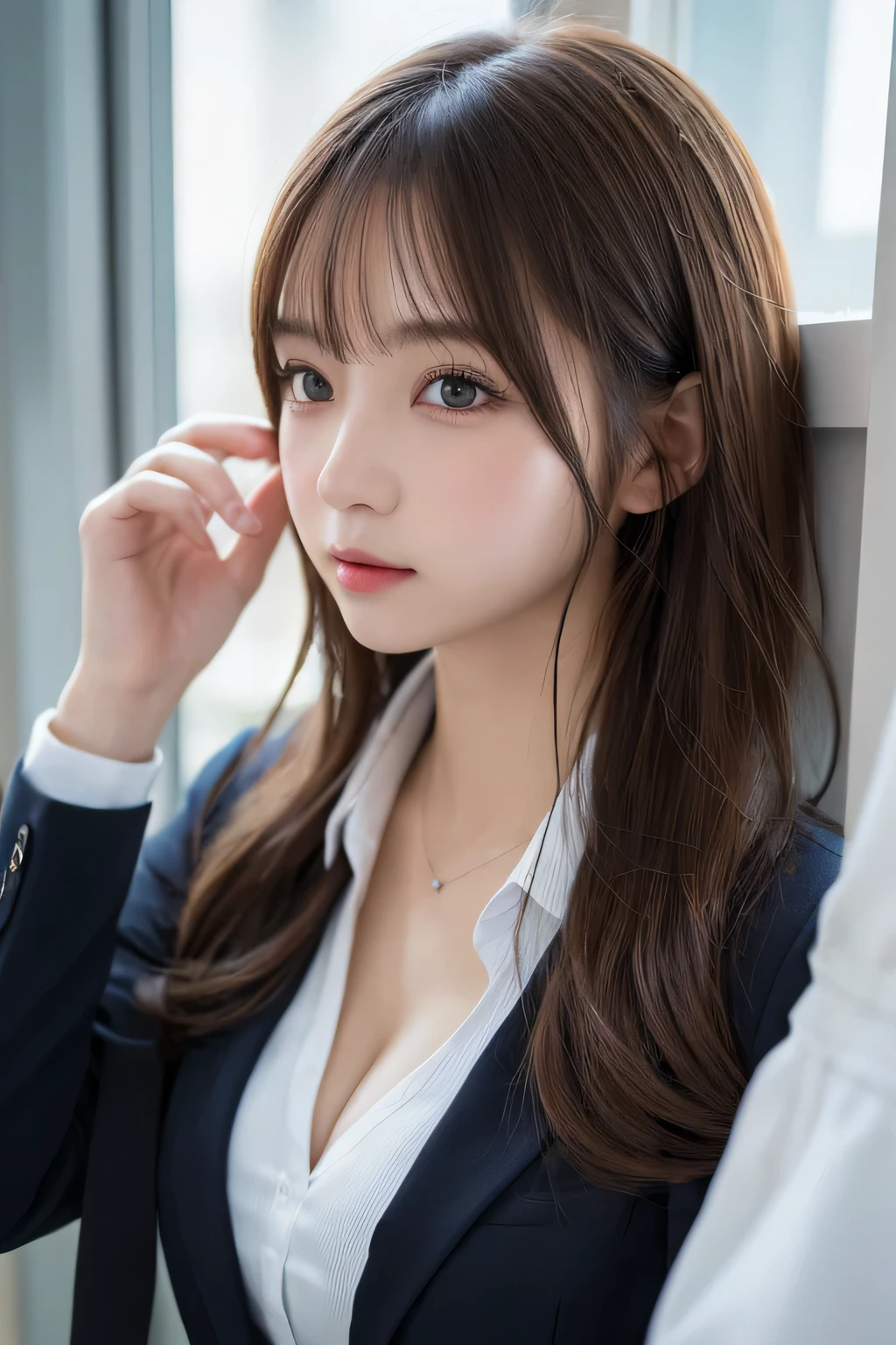 masutepiece, Best Quality, Illustration, Ultra-detailed, finely detail, hight resolution, 8K Wallpaper, Perfect dynamic composition, Beautiful detailed eyes,  Natural Lip,Blazer ,School uniform, cleavage, Full body, 大きな胸, 