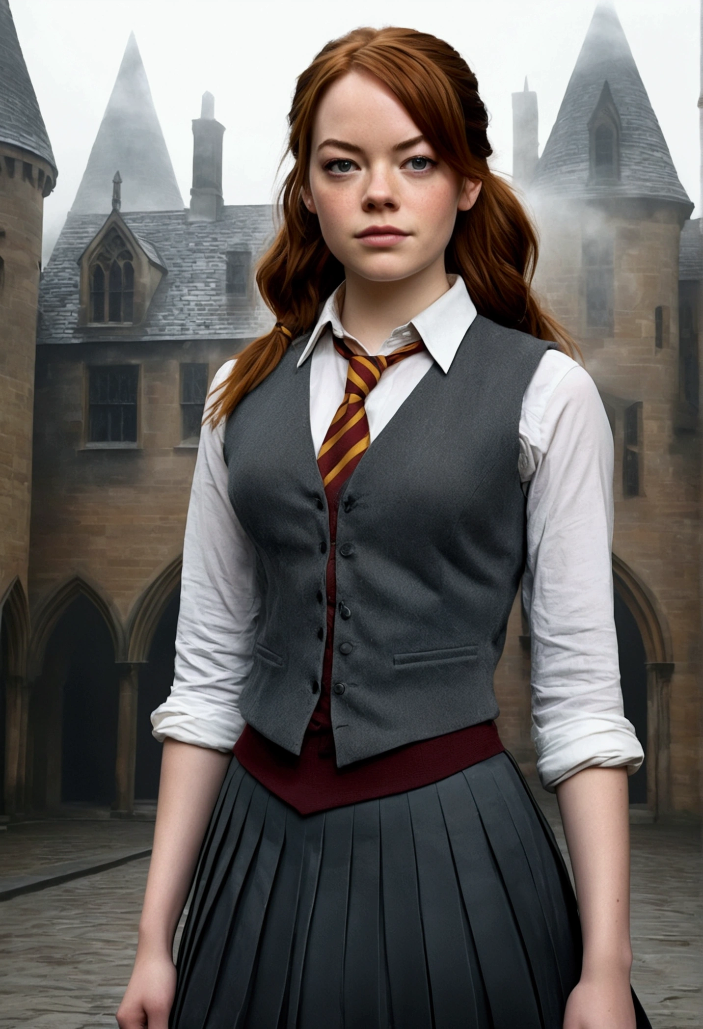 An illustrated movie poster, hand-drawn, full color, a female Hogwarts student, 18 years old, wearing a charcoal vest and a pleated skirt, tall, toned, amazonian stature, athletic hourglass figure, full wide hips, massive round butt, long shapely legs, ridiculously thick powerful thighs, deep dark auburn hair, messy ponytail, flushed sun-kissed complexion, freckles, resembles Emma Stone, standing in a foggy Hogwarts courtyard, surrounded by mist, graphite shading, stencil marks, airbrushed acrylic paint, masterpiece, in the Deathly Hallows