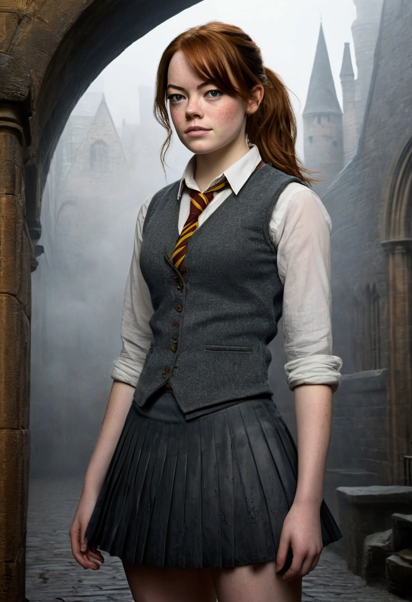 An illustrated movie poster, hand-drawn, full color, a female Hogwarts student, 18 years old, wearing a charcoal vest and a pleated skirt, tall, toned, amazonian stature, athletic hourglass figure, full wide hips, massive round butt, long shapely legs, ridiculously thick powerful thighs, deep dark auburn hair, messy ponytail, flushed sun-kissed complexion, freckles, resembles Emma Stone, standing in a foggy Hogwarts courtyard, surrounded by mist, graphite shading, stencil marks, airbrushed acrylic paint, masterpiece, in the Deathly Hallows