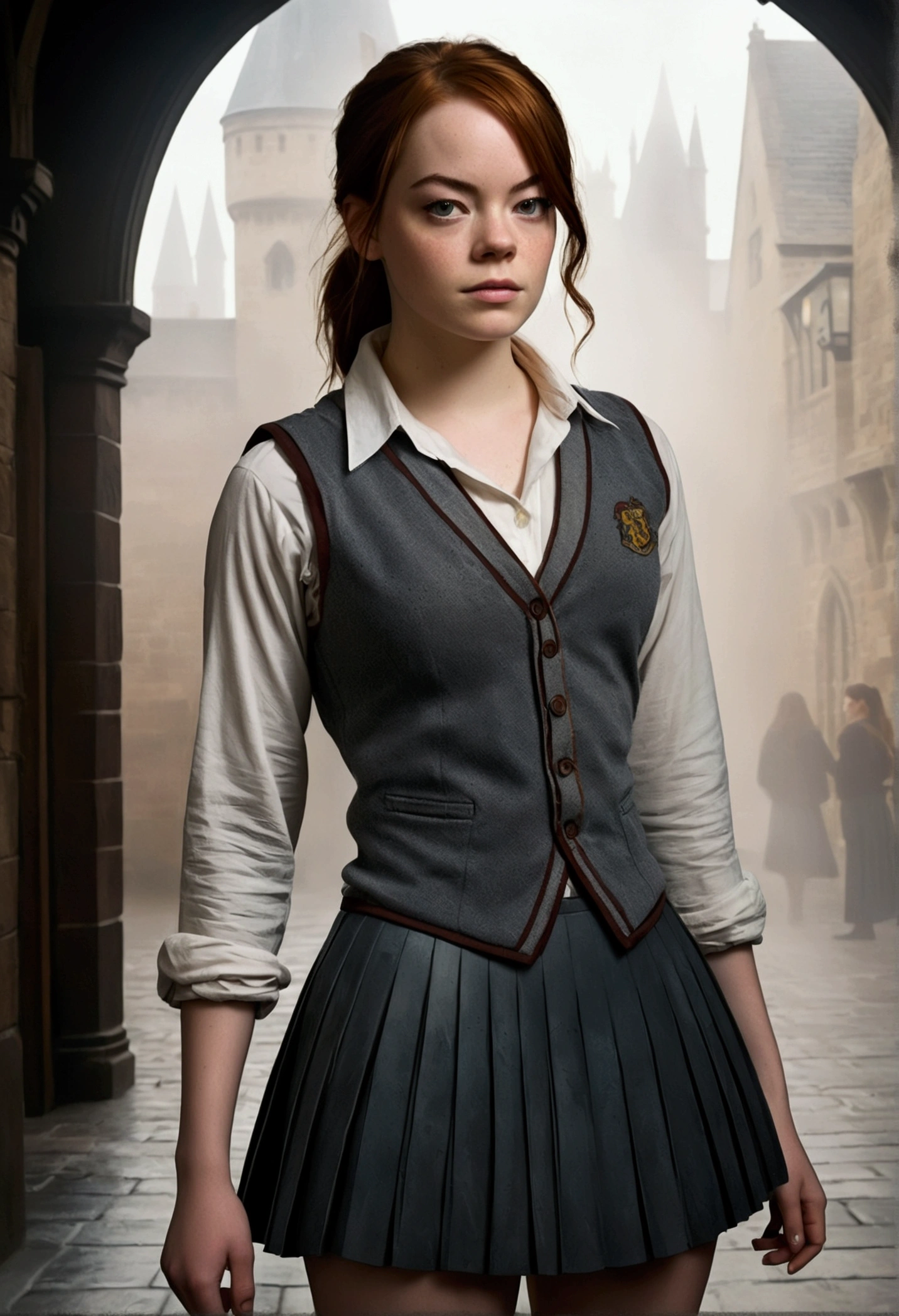 An illustrated movie poster, hand-drawn, full color, a female Hogwarts student, 18 years old, wearing a charcoal vest and a pleated skirt, tall, toned, amazonian stature, athletic hourglass figure, full wide hips, massive round butt, long shapely legs, ridiculously thick powerful thighs, deep dark auburn hair, messy ponytail, flushed sun-kissed complexion, freckles, resembles Emma Stone, standing in a foggy Hogwarts courtyard, surrounded by mist, graphite shading, stencil marks, airbrushed acrylic paint, masterpiece, in the Deathly Hallows 
