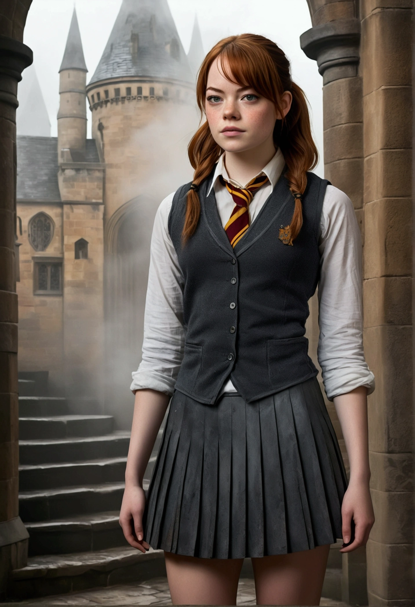An illustrated movie poster, hand-drawn, full color, a female Hogwarts student, 18 years old, wearing a charcoal vest and a pleated skirt, tall, toned, amazonian stature, athletic hourglass figure, full wide hips, massive round butt, long shapely legs, ridiculously thick powerful thighs, deep dark auburn hair, messy ponytail, flushed sun-kissed complexion, freckles, resembles Emma Stone, standing in a foggy Hogwarts courtyard, surrounded by mist, graphite shading, stencil marks, airbrushed acrylic paint, masterpiece, in the Deathly Hallows