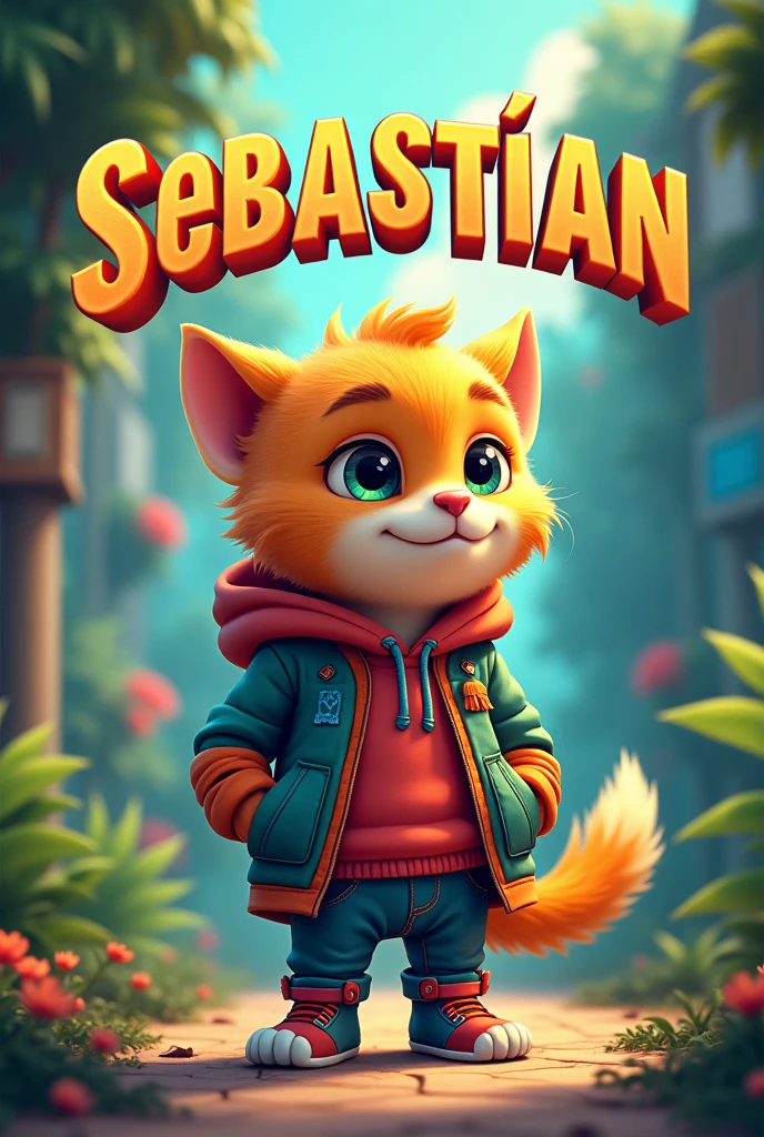 Create a flipbook cover Add Sebastian&#39;s name to the cover at the top center of the title. 
adding a domestic or jungle animal that is animated with clothes but is not fictional and is colorful.
