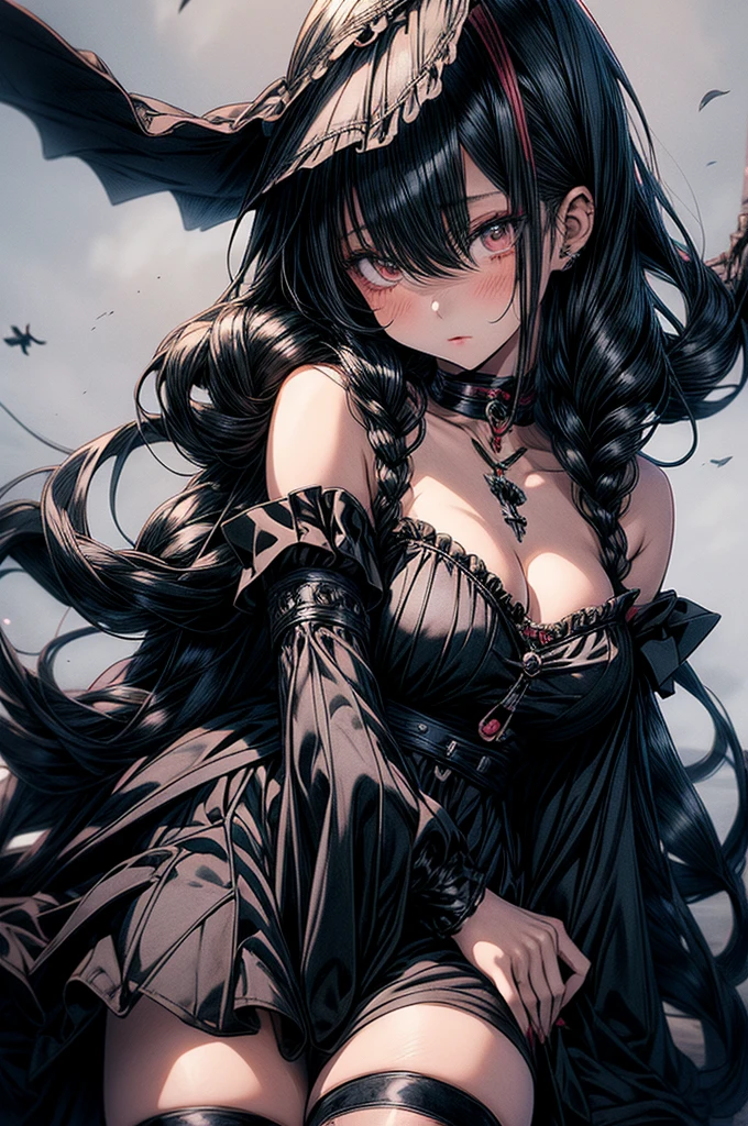 anime girl in black dress with long hair and stockings, an anime drawing by Kentaro Miura, trending on pixiv, shin hanga, seductive anime girl, revealing clothes, anime girl wearing a black dress, anime moe artstyle, sui ishida with black hair, mayuri shiina, [32k hd]^10,  in dress