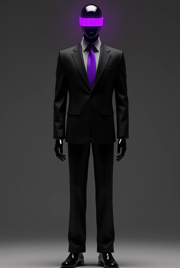 ALL BLACK MANNEQUIN IN A SUIT WITH A PURPLE BADGE OVER THE EYES SEEN FROM THE FULL BODY DOWN TO THE FEET