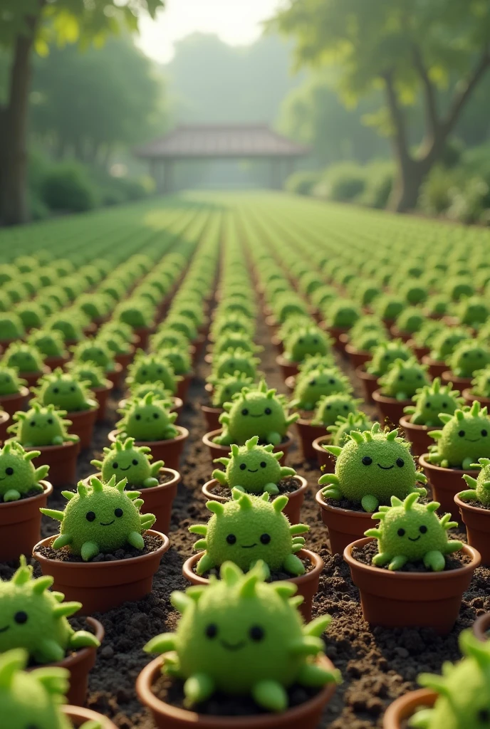 1000 small seplings plants in a queue garden in pots