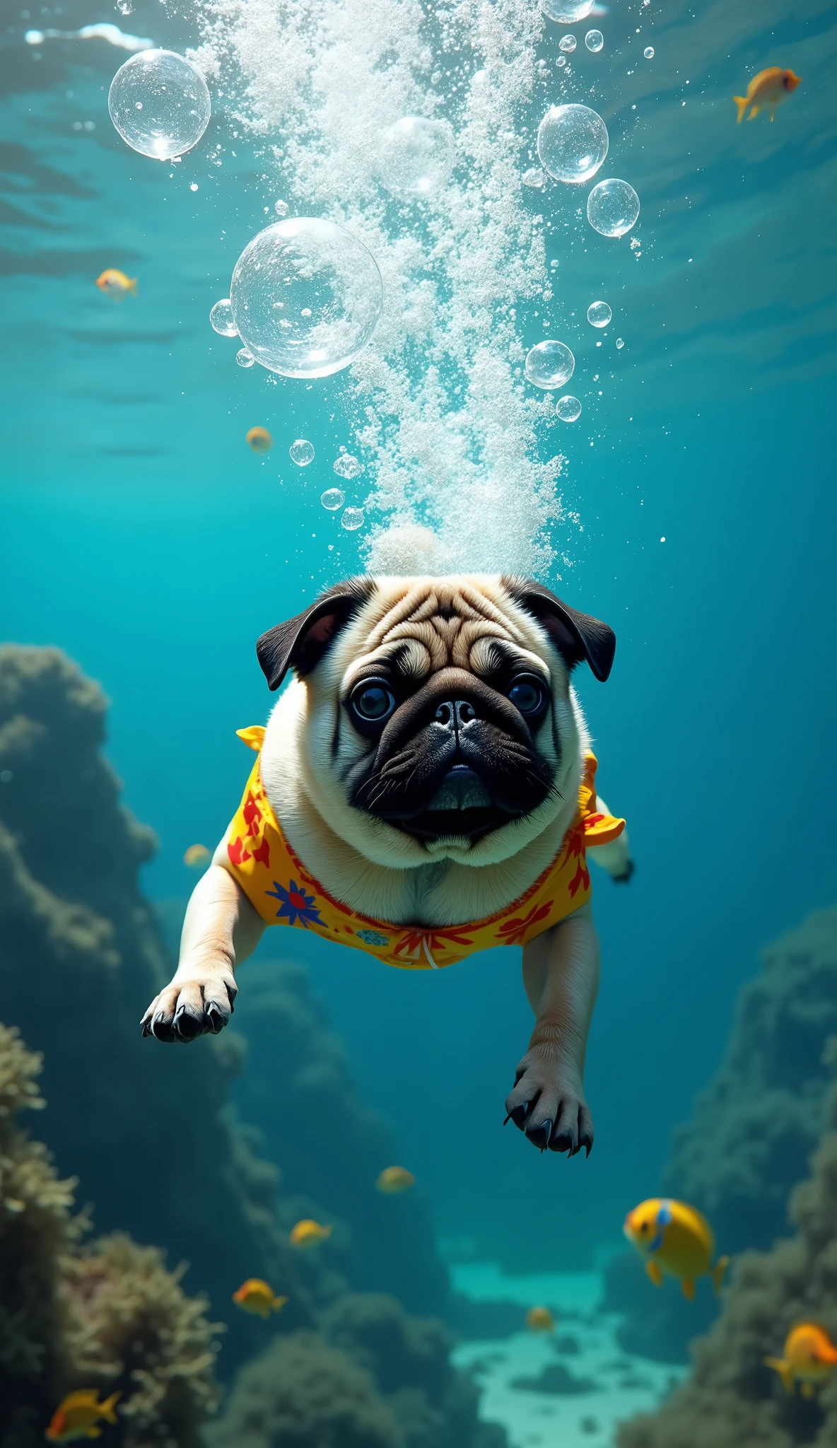 realistic photo, 34k, A pug in swimming trunks, diving to the bottom of the sea, he exhales air and creates bubbles from under the water, photo