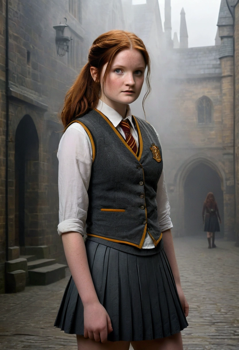 An illustrated movie poster, hand-drawn, full color, a female Hogwarts student, 18 years old, wearing a charcoal vest and a pleated skirt, tall, toned, amazonian stature, athletic hourglass figure, full wide hips, massive round butt, long shapely legs, ridiculously thick powerful thighs, deep dark auburn hair, messy ponytail, flushed sun-kissed complexion, freckles, resembles Bonnie Wright, standing in a foggy Hogwarts courtyard, surrounded by mist, graphite shading, stencil marks, airbrushed acrylic paint, masterpiece, in the Deathly Hallows