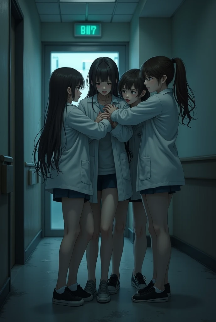 4 girls hitting the 5th girl in hospital empty dim room wearing hospital coat indian