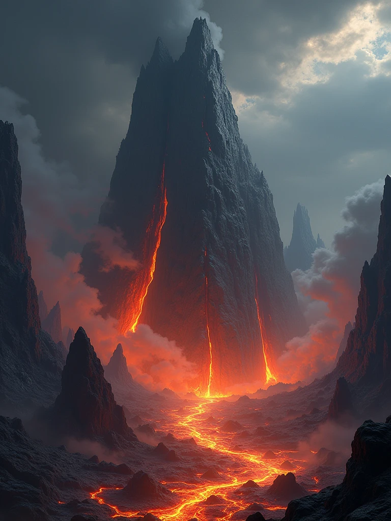 A dramatic landscape under a dark sky, with a tall, jagged rock formation at its center. The rock is illuminated by an orange glow from the surrounding lava and smoke. In the foreground, there are red-hot lava flows and steam vents. The scene suggests a volcanic eruption or intense geological activity.