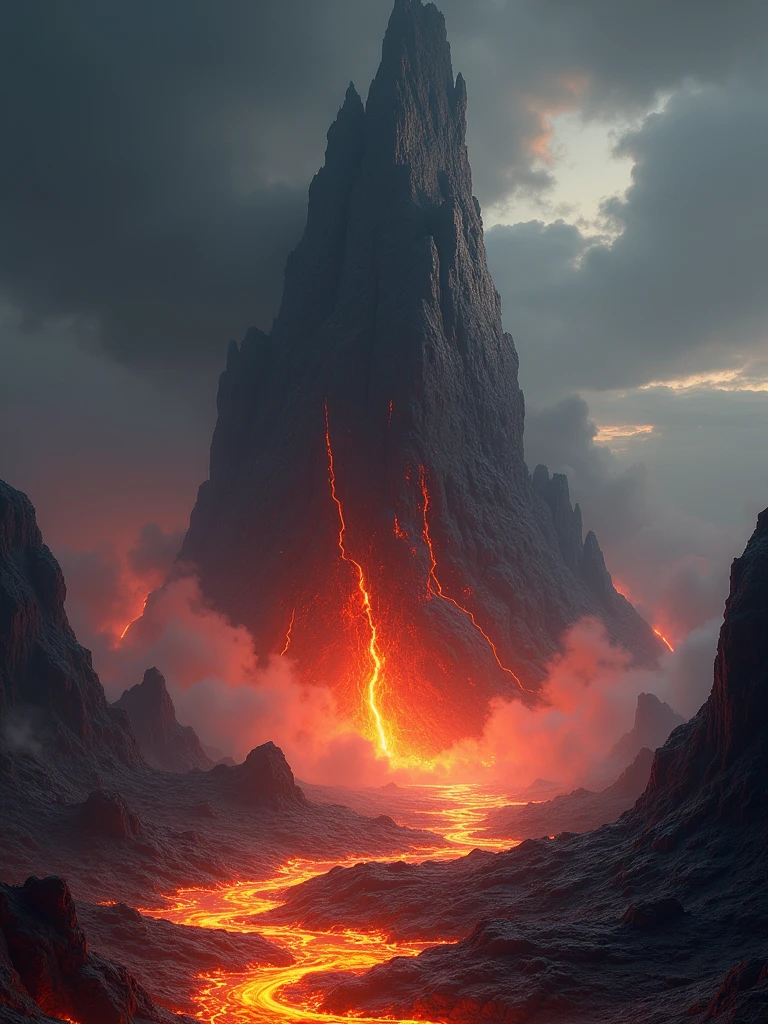 A dramatic landscape under a dark sky, with a tall, jagged rock formation at its center. The rock is illuminated by an orange glow from the surrounding lava and smoke. In the foreground, there are red-hot lava flows and steam vents. The scene suggests a volcanic eruption or intense geological activity.