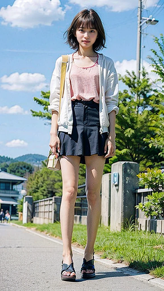 Highest quality、masterpiece、Japanese beautiful girl、15-year-old junior high school student、Short Bob Hair、Casual summer outfit、Small breasts、Shooting in the open air、Front view above the knees