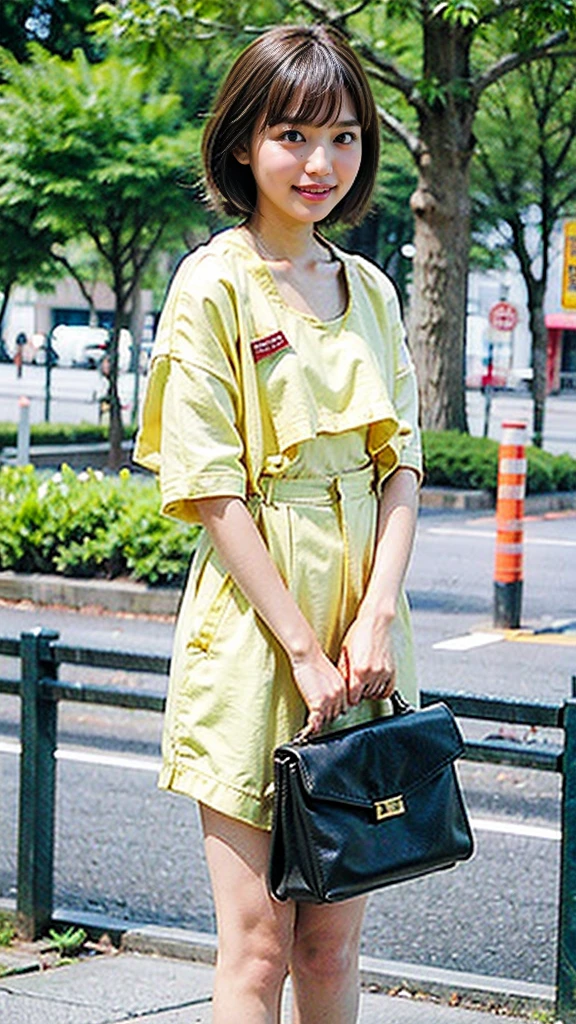 Highest quality、masterpiece、Japanese beautiful girl、15-year-old junior high school student、Short Bob Hair、Casual summer outfit、Small breasts、Shooting in the open air、Front view above the knees