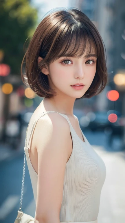 , White skin, ((Dark brown short tiered hair)), V cut with layers and bangs, Brown eyes, Soft atmosphere characteristics (Highest quality, Ultra-high resolution, 8k, RAW Photos, Ultra-high resolution: 1.2, masterpiece: 1.3), (Realistic, Realistic: 1.37), Very detailed, Professional Lighting, Photon Mapping, Radio City, 物理ベースレンダring, One person'S, (high school ), Sharp focus:1.2、Beautiful woman:1.4,cute, Nice, Adorable smile, Normal chest, Cross Necklace、EarringS、ring,(Cleavage)、((Dark brown short hair)),(A cute toothy Smile),((((Colorful Bikinis,Cute patterned bikini)),Ocean,Selfie,Lying on the sand,Palm tree))),(sexy, "attractive, functional,Emphasis on the crotch)