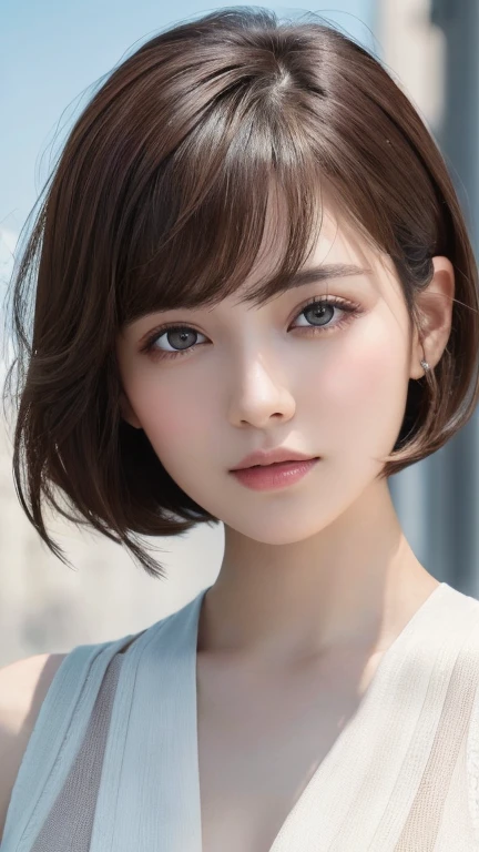 , White skin, ((Dark brown short tiered hair)), V cut with layers and bangs, Brown eyes, Soft atmosphere characteristics (Highest quality, Ultra-high resolution, 8k, RAW Photos, Ultra-high resolution: 1.2, masterpiece: 1.3), (Realistic, Realistic: 1.37), Very detailed, Professional Lighting, Photon Mapping, Radio City, 物理ベースレンダring, One person'S, (high school ), Sharp focus:1.2、Beautiful woman:1.4,cute, Nice, Adorable smile, Normal chest, Cross Necklace、EarringS、ring,(Cleavage)、((Dark brown short hair)),(A cute toothy Smile),((((Colorful Bikinis,Cute patterned bikini)),Ocean,Selfie,Lying on the sand,Palm tree))),(sexy, "attractive, functional,Emphasis on the crotch)