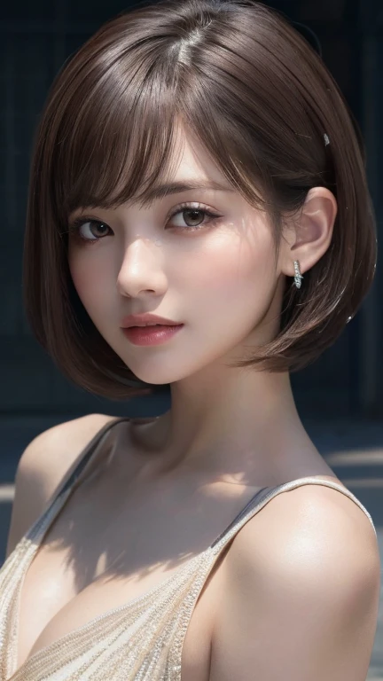 , White skin, ((Dark brown short tiered hair)), V cut with layers and bangs, Brown eyes, Soft atmosphere characteristics (Highest quality, Ultra-high resolution, 8k, RAW Photos, Ultra-high resolution: 1.2, masterpiece: 1.3), (Realistic, Realistic: 1.37), Very detailed, Professional Lighting, Photon Mapping, Radio City, 物理ベースレンダring, One person'S, (high school ), Sharp focus:1.2、Beautiful woman:1.4,cute, Nice, Adorable smile, Normal chest, Cross Necklace、EarringS、ring,(Cleavage)、((Dark brown short hair)),(A cute toothy Smile),((((Colorful Bikinis,Cute patterned bikini)),Ocean,Selfie,Lying on the sand,Palm tree))),(sexy, "attractive, functional,Emphasis on the crotch)