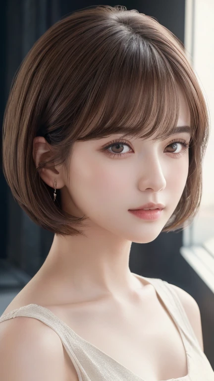 , White skin, ((Dark brown short tiered hair)), V cut with layers and bangs, Brown eyes, Soft atmosphere characteristics (Highest quality, Ultra-high resolution, 8k, RAW Photos, Ultra-high resolution: 1.2, masterpiece: 1.3), (Realistic, Realistic: 1.37), Very detailed, Professional Lighting, Photon Mapping, Radio City, 物理ベースレンダring, One person'S, (high school ), Sharp focus:1.2、Beautiful woman:1.4,cute, Nice, Adorable smile, Normal chest, Cross Necklace、EarringS、ring,(Cleavage)、((Dark brown short hair)),(A cute toothy Smile),((((Colorful Bikinis,Cute patterned bikini)),Ocean,Selfie,Lying on the sand,Palm tree))),(sexy, "attractive, functional,Emphasis on the crotch)