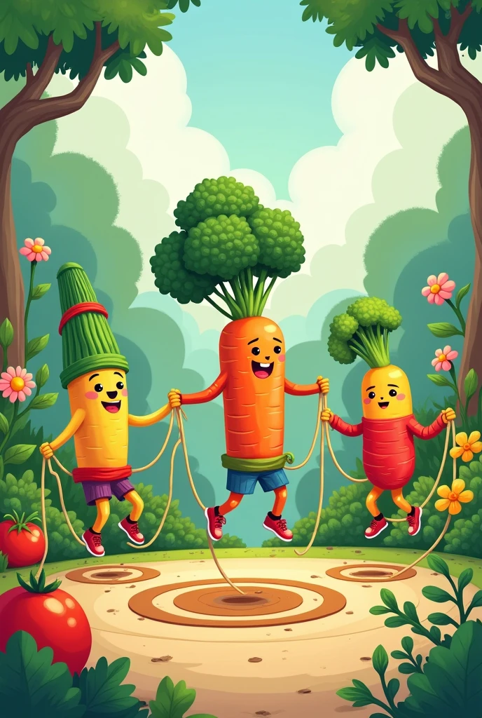 Generate an image for the cover of a book of various vegetables playing jump rope