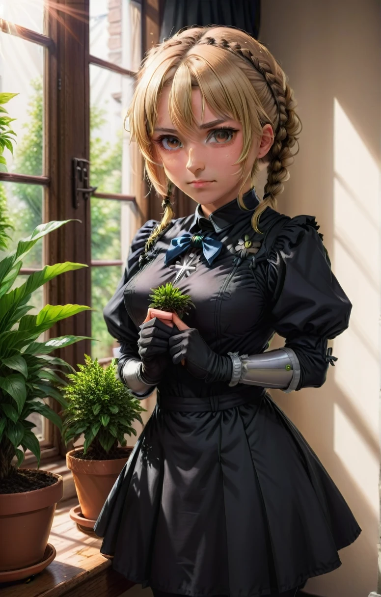 score_9, score_8_up, score_7_up, score_6_up, score_5_up, score_4_up, BREAK source_anime, 1girl, clothed, saber alter, indoors, potted plant, window, sunlight, by kasumi \(skchkko\), looking at viewer, serious, dutch angle, maid uniform, braid, double middle finger,