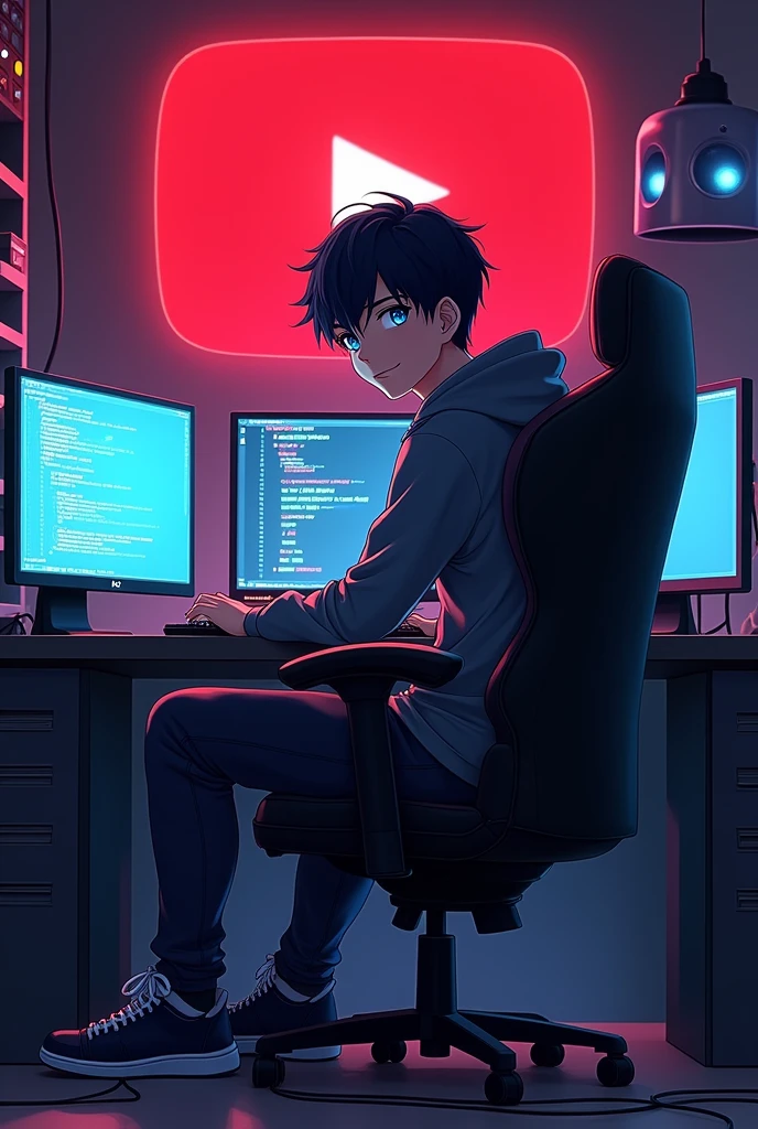 Create a hacker anime youtuber sitting on the computer chair watching me,
Front name as SAM TECH YT with red letters in background YouTube logo