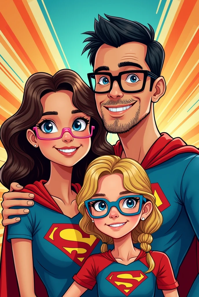 créer une photo de famille comics avec une maman déguiser en super maman brune yeux marron et des lunette carré noir , the dad as a super dad with short black hair in the back and a short shaved beard , a super teenage brunette with blue square glasses, une appareil dentaire sur les dents du haut qui prend soin d'elle et une de 4 ans en super râleuse blonde avec des petites lunettes ronde rose 