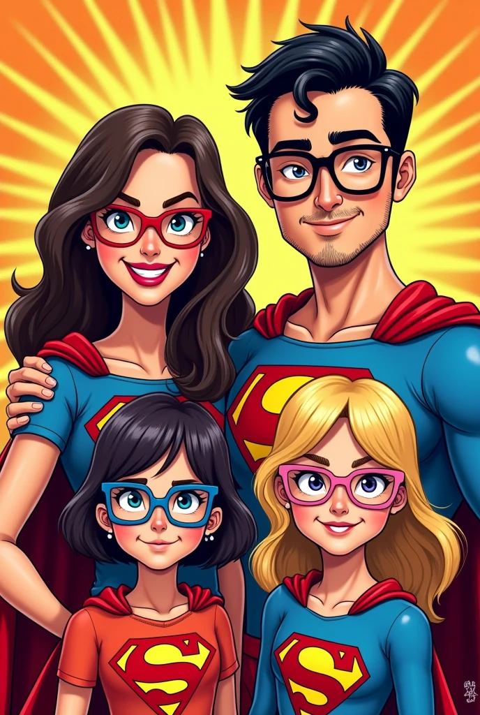 créer une photo de famille comics avec une maman déguiser en super maman brune yeux marron et des lunette carré noir , the dad as a super dad with short black hair in the back and a short shaved beard , a super teenage brunette with blue square glasses, une appareil dentaire sur les dents du haut qui prend soin d'elle et une de 4 ans en super râleuse blonde avec des petites lunettes ronde rose
