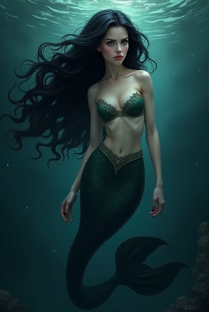 illustration, digital art style, high quality, detailed, careful with the hand, mermaid, mermaid tail, dreamer body, vivid, romantic and whole. Aloof face, intellectual. Sophisticated style, cold heart, impatient and too confident. enchanting, mysterious, Hair, deep black hair. In water, swimming in water, in the water, night, dark, mysterious, serious