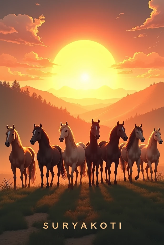 Sunrising shining to 7 horse 
Add text 
Business name : SURYAKOTI 
Add name
Change font style