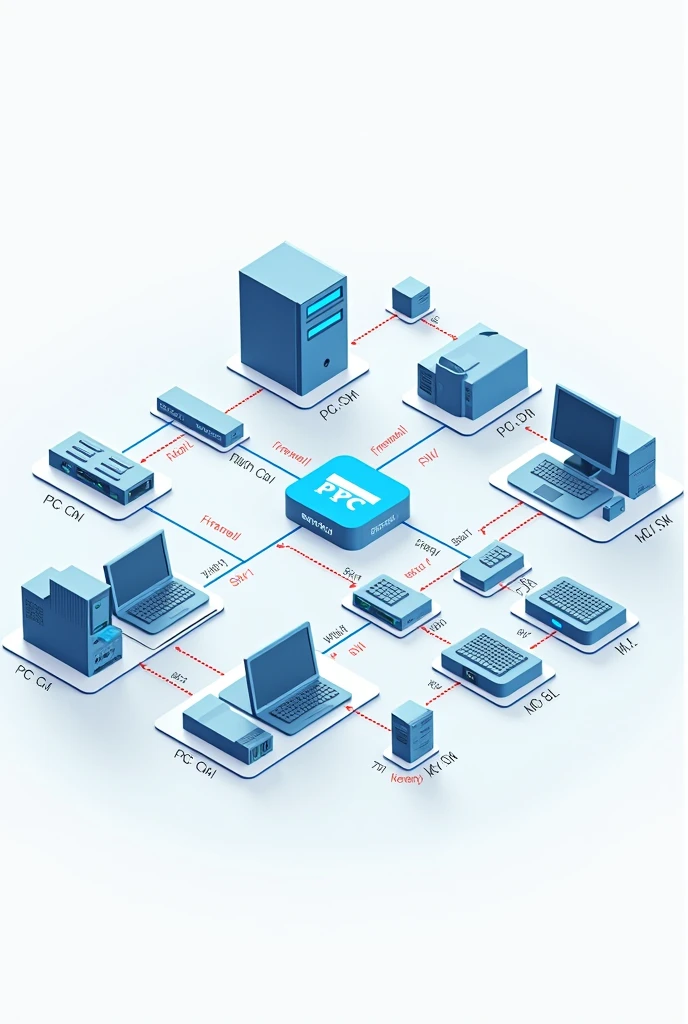 Generate a plan of a company's networks, give me the physical diagram, name each element, for example PC1, SW1, router 1 and firewall, etc.