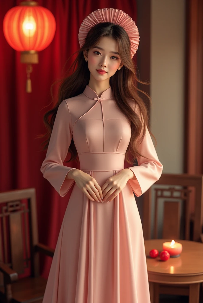Brown-haired female model wearing Vietnamese costume. Luxurious and discreet style. Wearing a pink circular silk crown with folded edges. Ao dai divided into 4 parts, pink and beige, long sleeves. Dress inside the ao dai past the ankle. Luxurious setting, red curtain interior, wooden table and chairs, red lantern, beautiful light