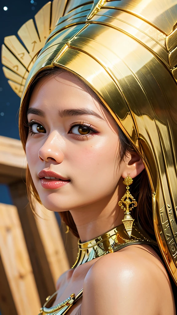Horus, egyptian goddess, gold ornaments, dark theme, soothing tones, muted colors, high contrast, piramids background, perfect clear night, (natural skin texture, hyperrealism, soft light, sharp) สิ่งที่มีความงดงามจนทำให้รู้สึกตะลึงและน่าทึ่ง เป็นแก่นแท้หรือสาระสำคัญที่มีความศักดิ์สิทธิ์หรือเหนือธรรมชาติ ความหมายนี้อาจสื่อถึงความบริสุทธิ์ ความงดงาม หรือพลังแห่งการสร้างสรรค์ที่มีความลึกซึ้งและสัมผัสได้ยากในระดับทางจิตวิญญาณ