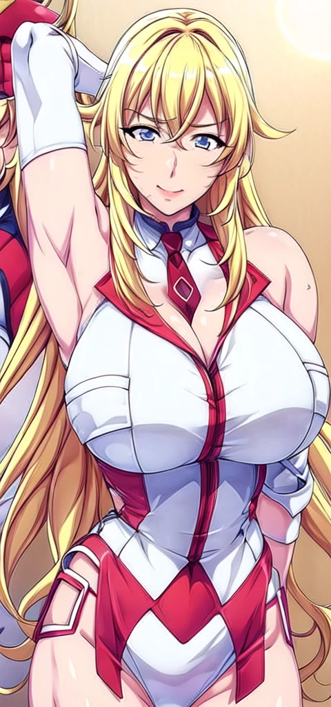 Simple white background,
Red and white uniform,just_shoulder,tie,No sleeve_shirt,
blonde_hair, (lightblue eyes),hair_between_eye,length_hair,前hair,
1 person, 20-year-old,young woman,beautiful Finger,beautiful length legs,beautiful body,beautiful Nose,beautiful character design, perfect eye, perfect face,expressive eye,Perfect balance,
View your viewers,(Focus on her face),Mouth closed, (Innocent_big_eye:1.0),(Light_笑face:0.3),
Official Art,Very detailed CG ユニティ 8k 壁紙, Perfect lighting,colorful, bright_front_face_Lighting,White skin,
(masterpiece:1.0),(Highest_quality:1.0), 超High resolution,4K,Very detailed,
photograph, 8k, High resolution, High resolution, Absurd:1.2, 400 for Kodak Port, Film Grain, Blurred Background, Bokeh:1.2, Lens flare, (Vibrant_color:1.2),プロのphotograph,
(beautiful,big_chest:1.4), (beautiful_face:1.5),(narrow_Waist),(upper body, cowboy shot),seductive smile,(perfect anatomy),cleavage cutout