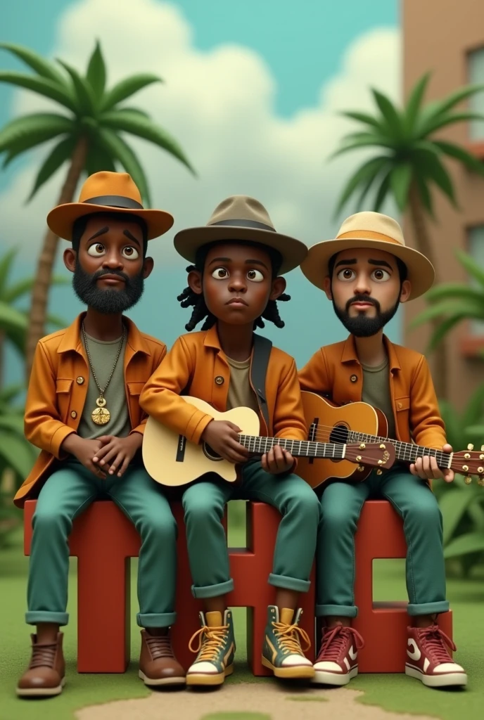 Three serious looking marijuana musicians in a stop motion cartoon sitting on letters that say THC, one dark-skinned and two white guys with a lying down and cholo appearance