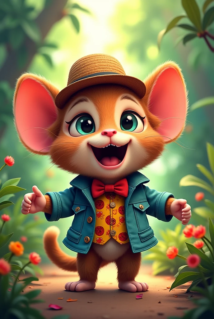 Create a flipbook cover Add Renata León's name to the cover (full name written) at the top center of title.
adding a domestic or jungle animal that is animated with clothes but is not fictional and is colorful.