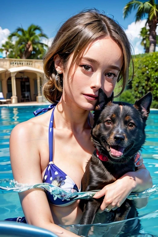 Brie Larson (age 25, colorful bikini) playing with a big happy dog, licking face, backyard fun, scene of happiness