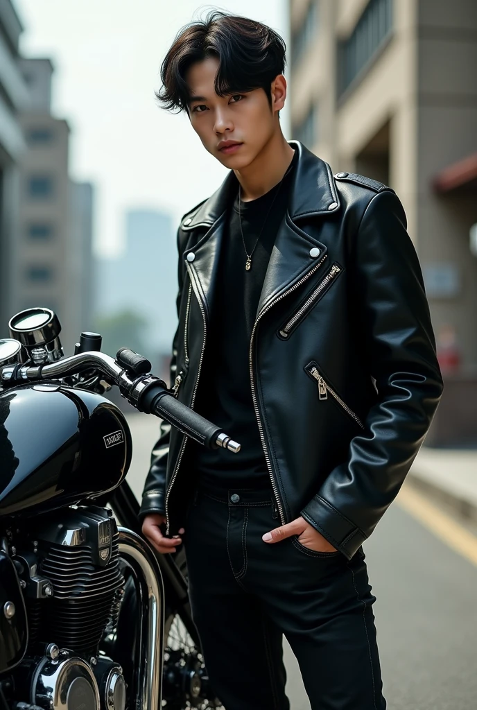 Imagine a
V, the charismatic member of BTS, stands confidently next to a sleek bullet bike, its chrome engine gleaming in the light. He wears a black leather jacket, perfectly fitted to accentuate his lean physique, and a pair of dark jeans that complement his edgy look. His hair is styled in his signature effortless manner, with a few strands falling across his forehead. With one hand resting on the bike's handlebar and the other in his pocket, V strikes a pose that exudes a sense of cool, laid-back charm. His piercing eyes seem to gaze into the distance, as if daring the world to come closer. The overall effect is one of effortless cool, as if V was born to ride off into the sunset on this powerful machine.