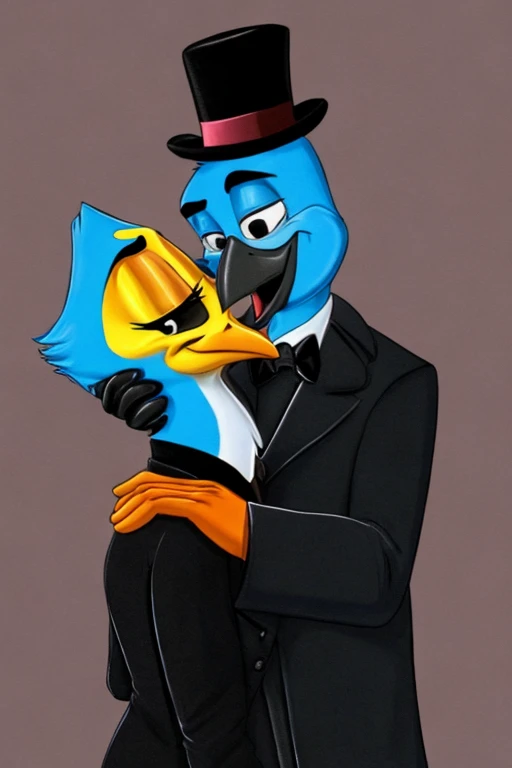 Anthropomorphic blue bird, large yellow beak with orange, falls in love with a human man wearing a black overcoat and a black top hat, animation.
