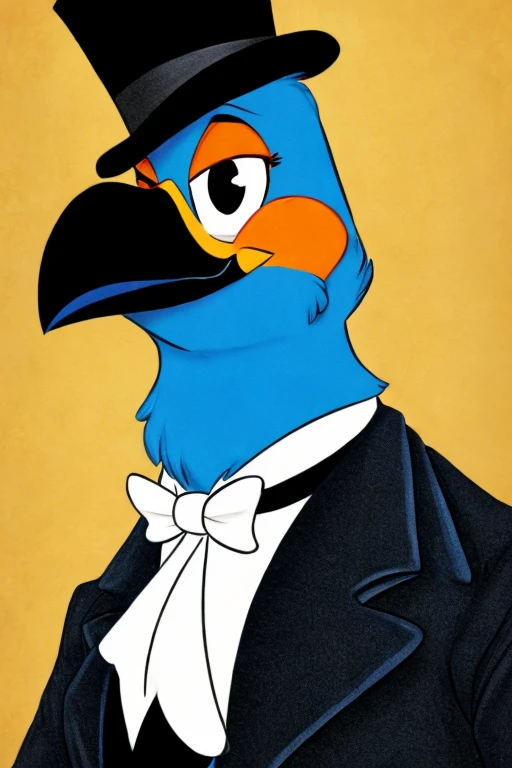 Anthropomorphic blue bird, large yellow beak with orange, falls in love with a human man wearing a black overcoat and a black top hat, animation.