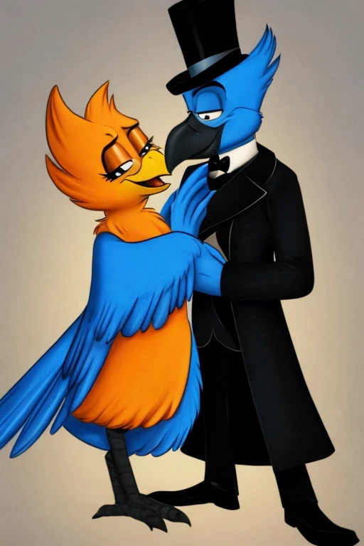 Anthropomorphic blue bird, large yellow beak with orange, falls in love with a human man wearing a black overcoat and a black top hat, animation.