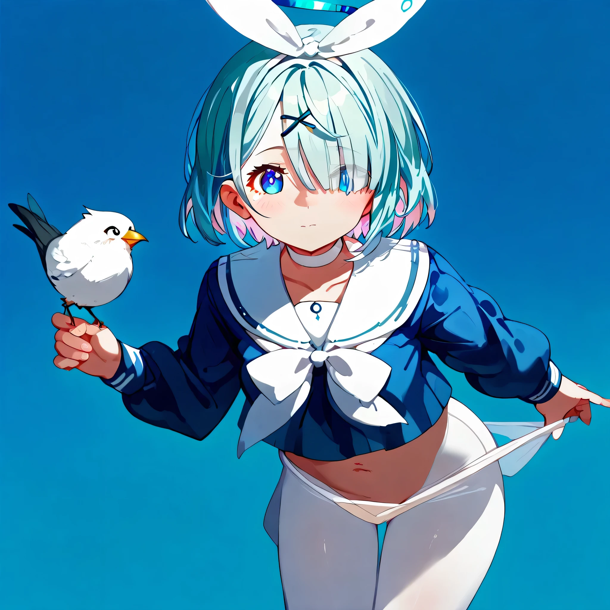 score_9,score_8_up,score_7_up,1girl,arona,bird,halo,bottomless,solo,hair ornament,hair over one eye,sailor collar,navel,blue eyes,white sailor collar,shirt,gradient,long sleeves,multicolored hair,x hair ornament,school uniform,short hair,looking at viewer,gradient background,serafuku,white neckerchief,convenient censoring,closed mouth,holding,choker,blue background,colored inner hair,cowboy shot,bangs,blue shirt,neckerchief,white choker,crow,clothes pull,white pantyhose