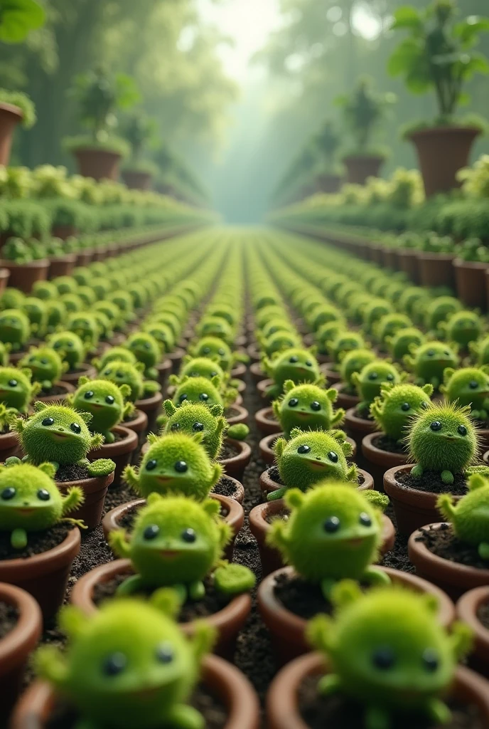 1000 small seplings plants in a queue garden in pots