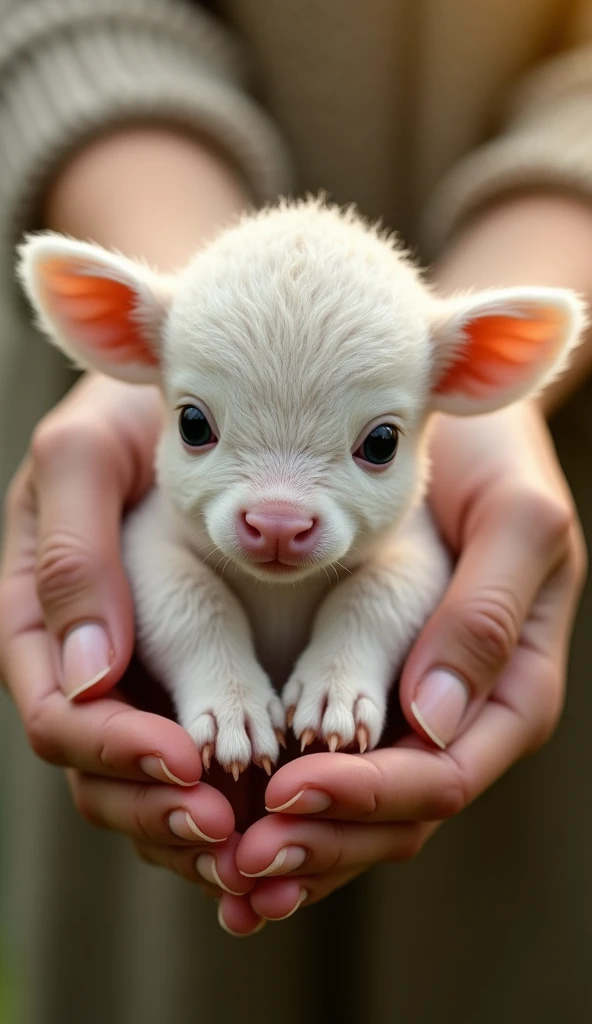 A pair of hands holding a cute white calf,There are curly hairs on the body