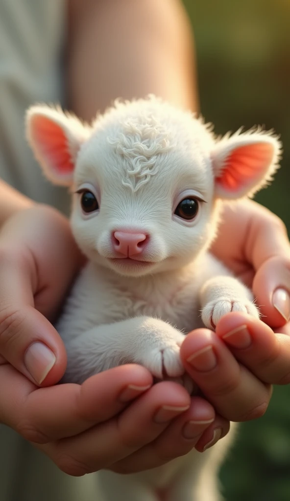 A pair of hands holding a cute white calf,There are curly hairs on the body