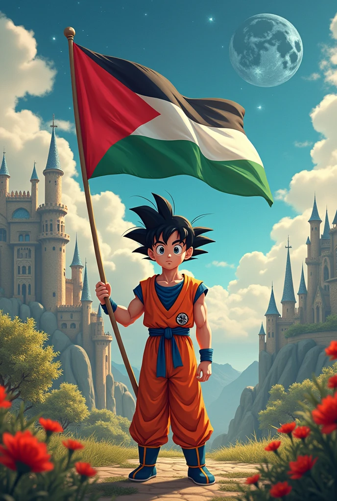 A magical DisneyCreate a high quality image of a boy named Goku holding his hand Palestine Flag in Wars