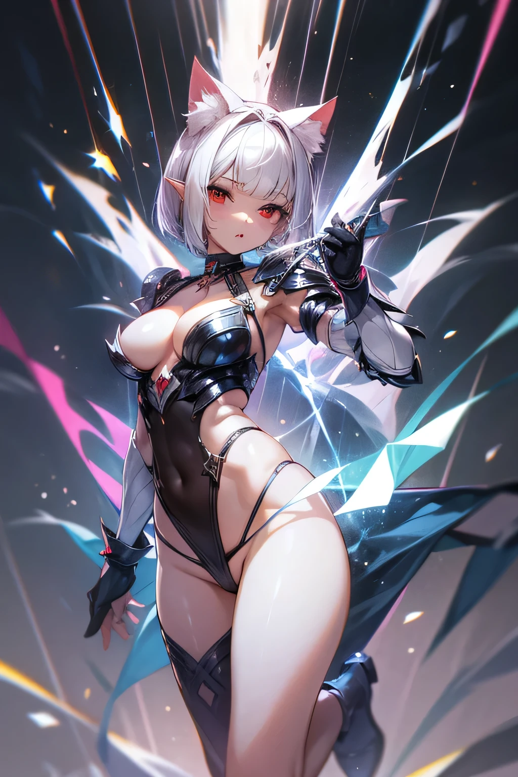 1girl, short white hair, bob cut, choker, cat ears, elf ears. Large breasts, red eyes, minimal armor, chest piece with intricate mystical designs, micro thong, arm sleeves, standing dynamic pose, full body, master piece, good quality, best quality, 8k