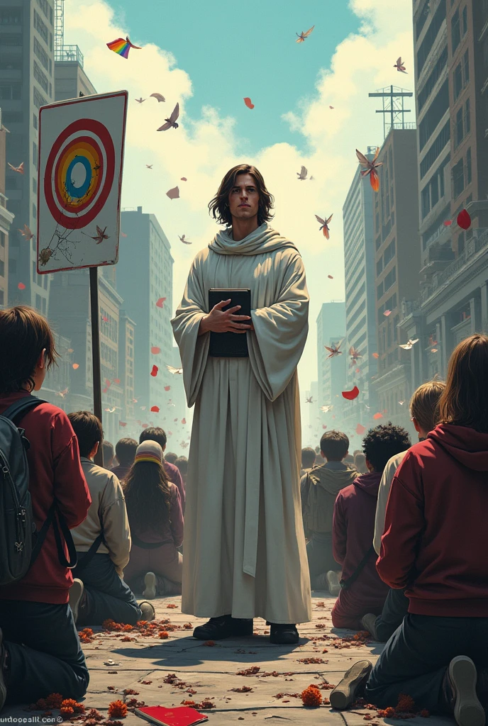 A crowd kneeling in the clothes of the dying, with a rainbow sign broken into two pieces on the ground in front of a strong man in white robes with a bible in his hand with shoulder-length hair in the middle of a city 