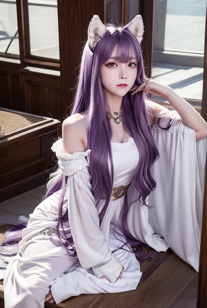 fenrir, realistic, portrait, long hair, white dress, wolf ears, purple hair, yellow eyes, 4k, HD