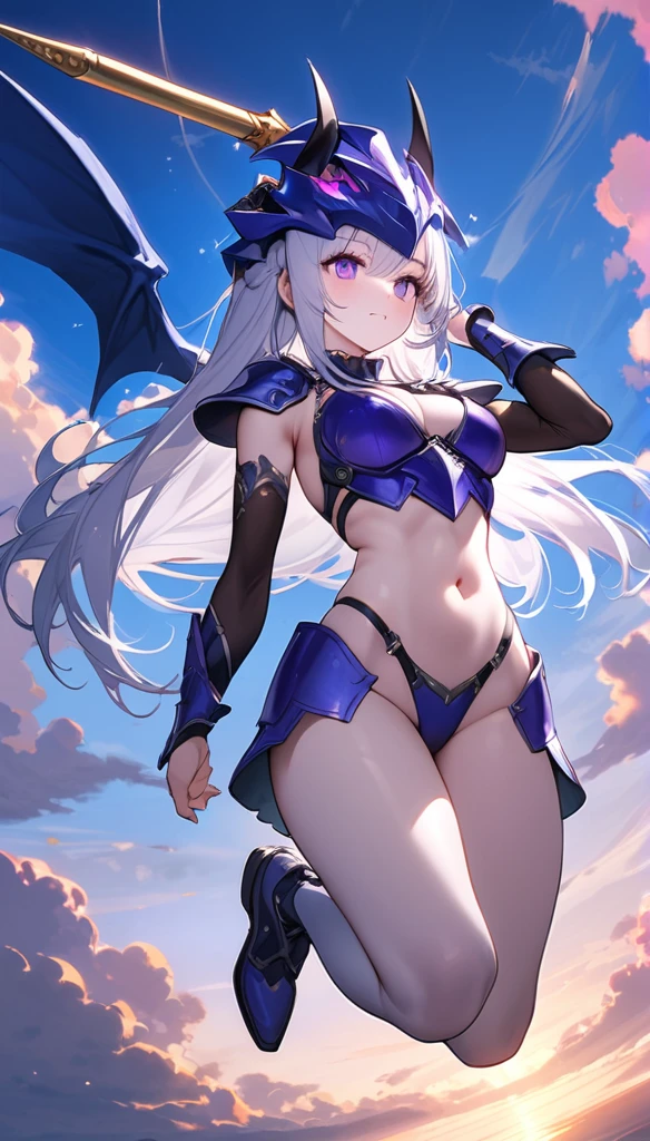 (One Woman),(Best image quality, 32K, masterpiece:1.3),((Silver long hair:1.1)),(Swept-apart bangs,Braiding), (Cute eyes, Dark Eyes), (Detailed eyes),(Mole under right eye), (Standard weight), (Glowing Skin:1.1),(Pale skin:1.2),(A fantastic atmosphere),(look up),Ultra-high resolution, Textured skin, Sparkle Effect, 

Final Fantasy,female dragon knight,Blue-purple bikini armor,Blue and purple armorパンツ,Black spats,belly button,muscle,Blue and purple armor,Blue-purple dragon helmet,
Panty shot,

blue sky,cloud,Flying in the sky,Fly,Jump high in the sky,

Hold the lance with both hands,fight,

Dragon wings on the back,