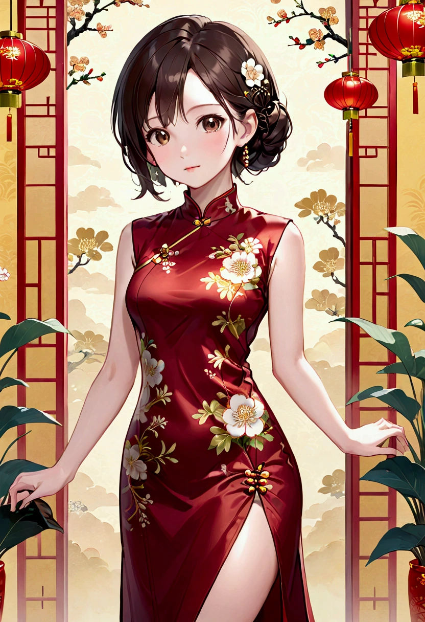 Girl with dark brown hair, Brown eyes,Tall, rectangular body type, Mature,cheongsam